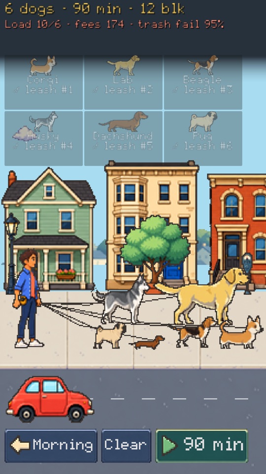 Six different dogs crowd one leash; the assembly screen warns that the handling load exceeds capacity.