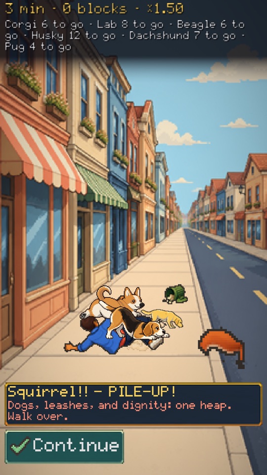A squirrel encounter ends with the walker and dogs in a heap on the sidewalk.