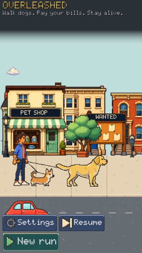 Overleashed title screen: a dog walker with a Corgi and a Lab on a neighborhood street.